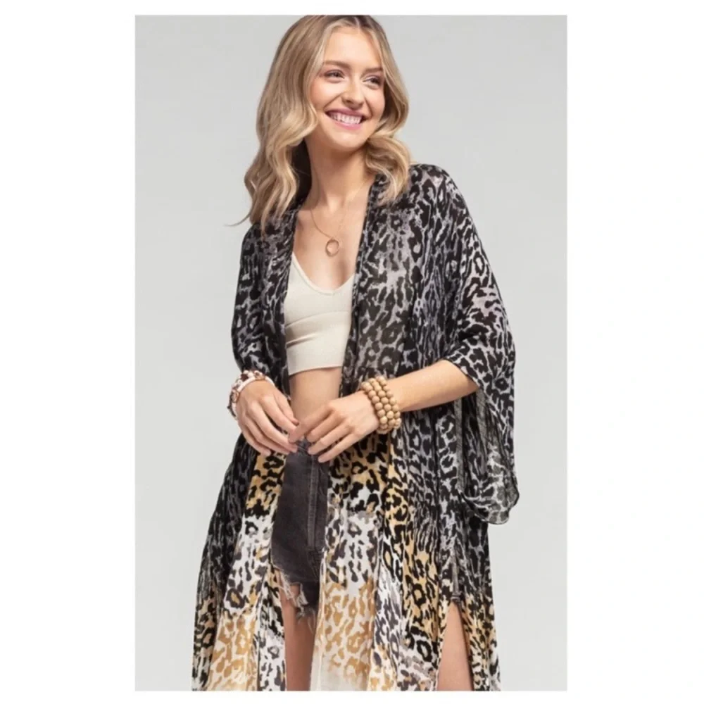 NEW Black Leopard Print Ombré Kimono - Picture 3 of 7